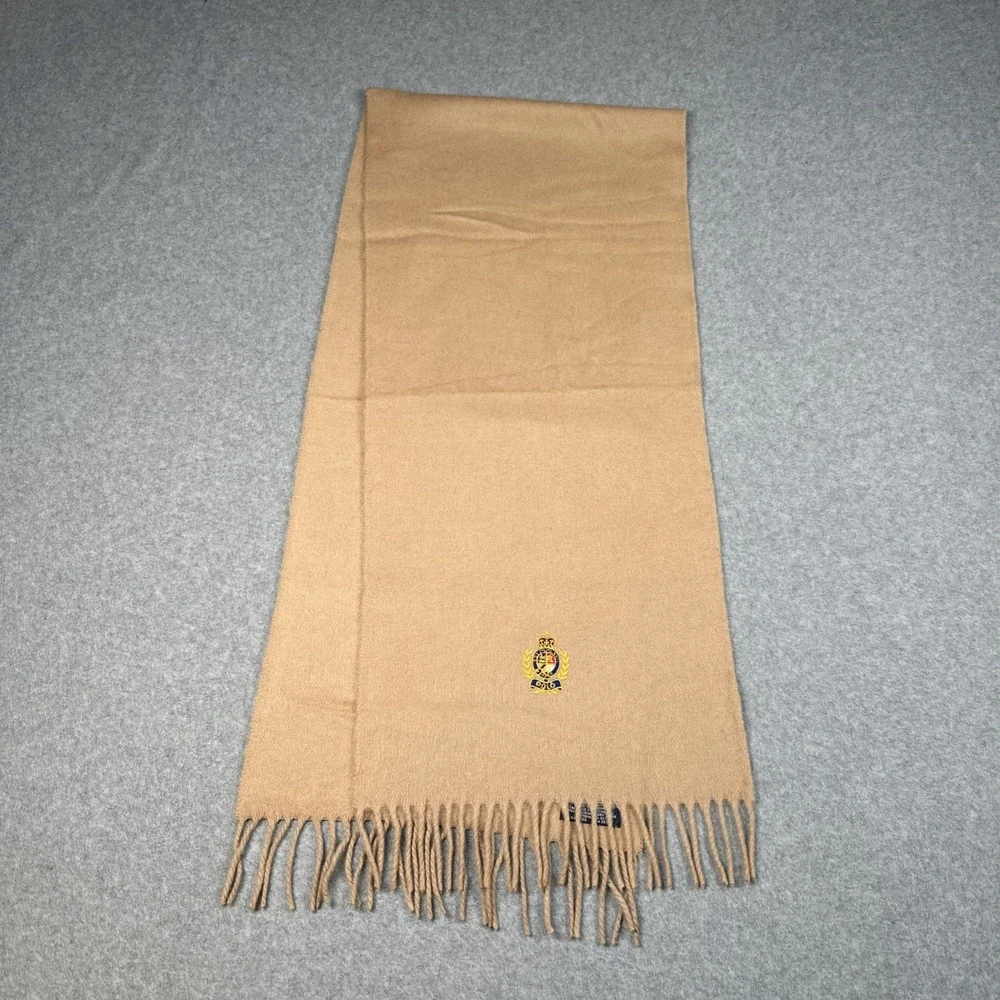 Polo Ralph Lauren 100% Cashmere Camel Scarf Crest Logo Made Germany 54x12 VTG‎